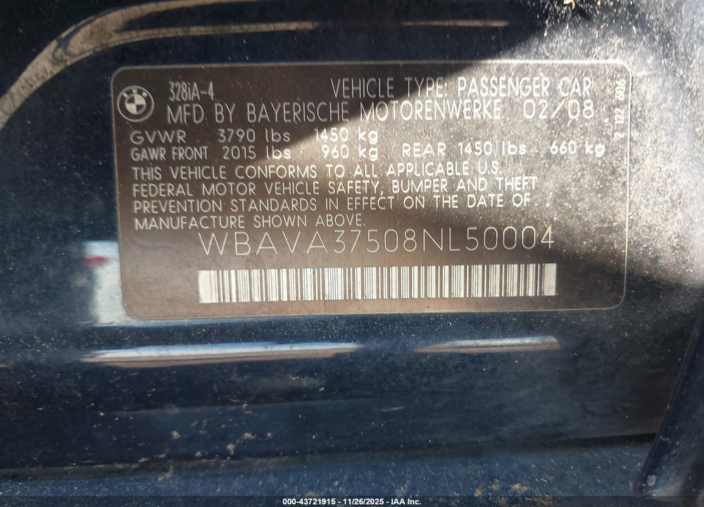 2008 BMW 328I VIN: WBAVA37508NL50004