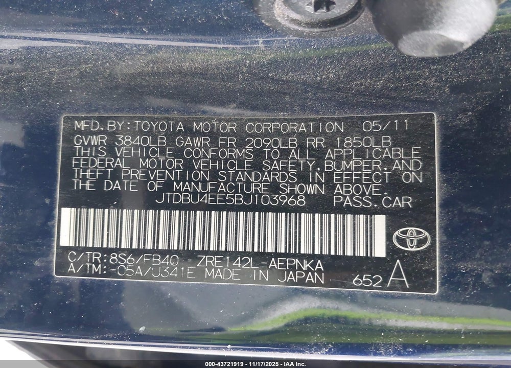2011 TOYOTA COROLLA LE VIN: JTDBU4EE5BJ103968
