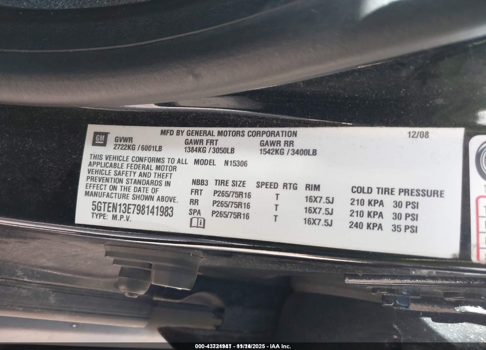 2009 HUMMER H3 SUV VIN: 5GTEN13E798141983
