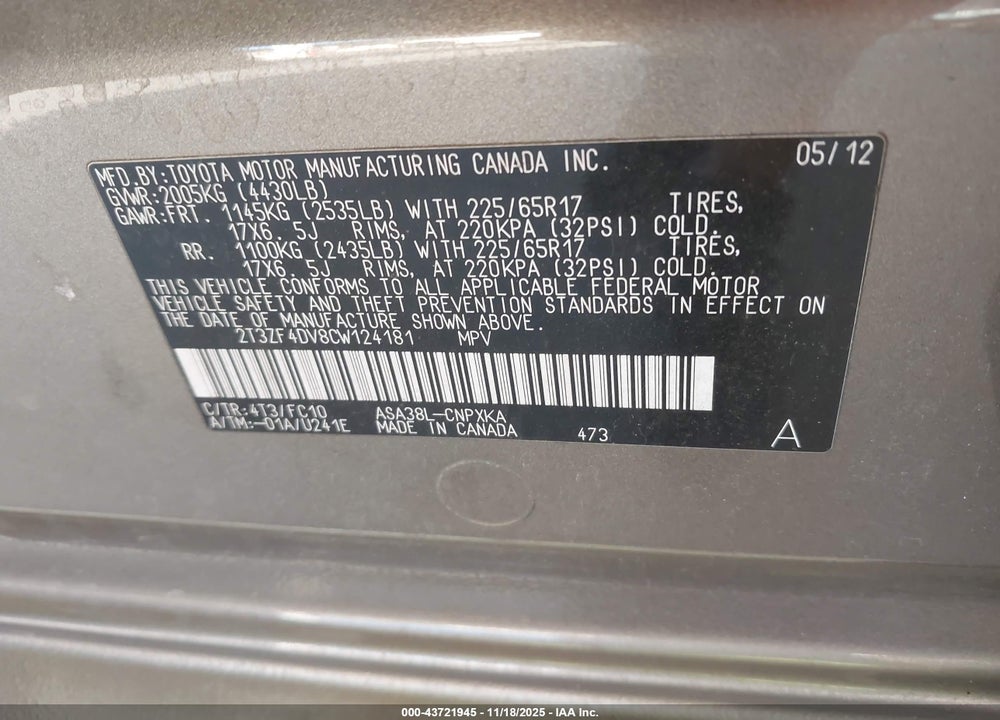 2012 TOYOTA RAV4 VIN: 2T3ZF4DV8CW124181