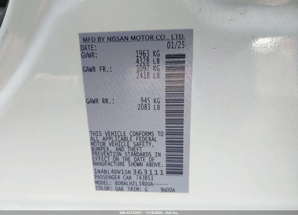 2025 NISSAN ALTIMA SV FWD VIN: 1N4BL4DV1SN363111