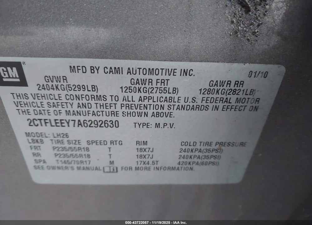 2010 GMC TERRAIN SLE-2 VIN: 2CTFLEEY7A6292630