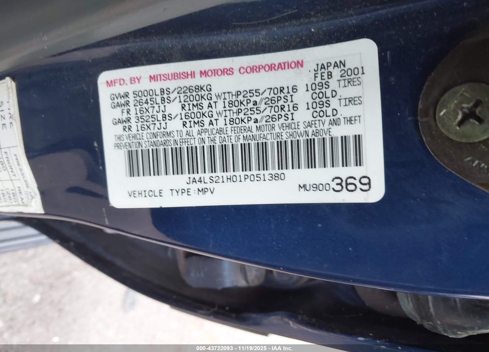 2001 MITSUBISHI MONTERO SPORT ES/LS VIN: JA4LS21H01P051380