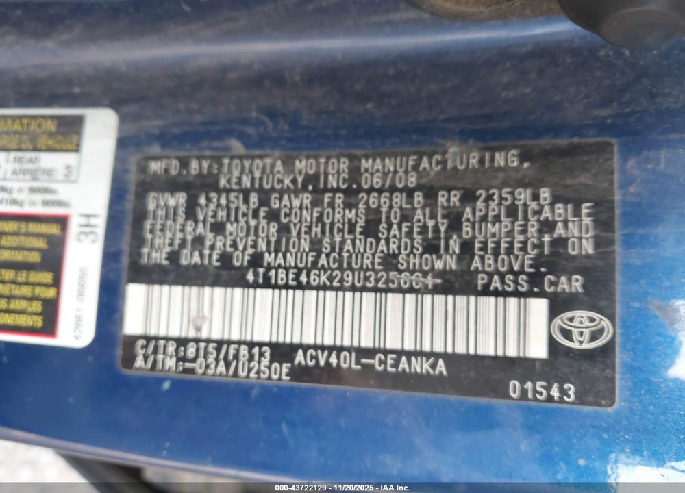 2009 TOYOTA CAMRY LE VIN: 4T1BE46K29U325664
