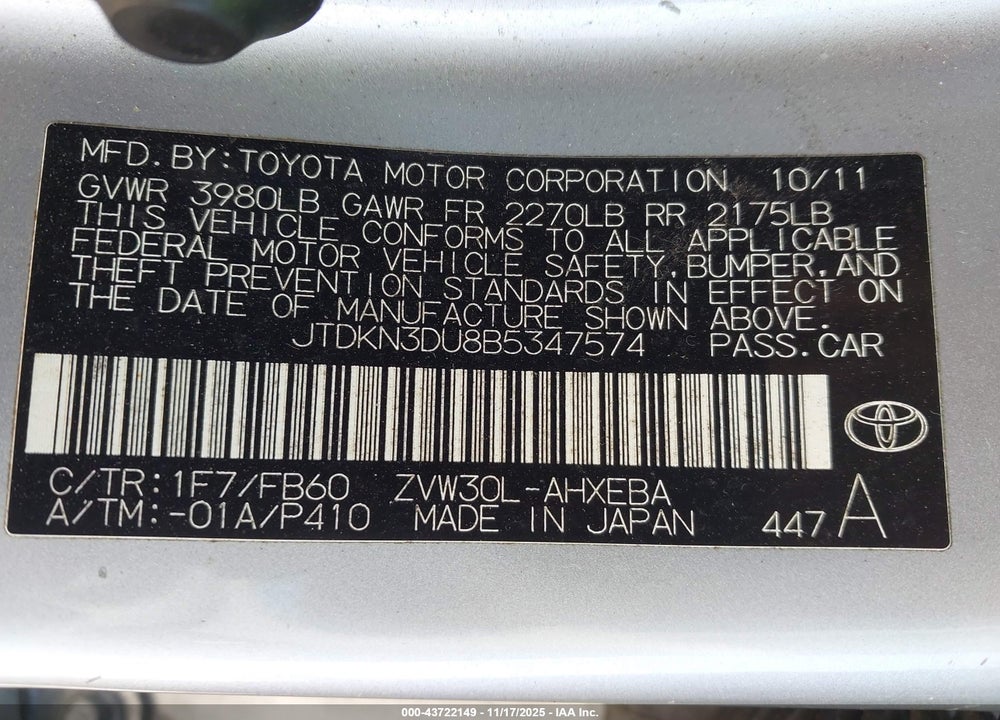 2011 TOYOTA PRIUS THREE VIN: JTDKN3DU8B5347574