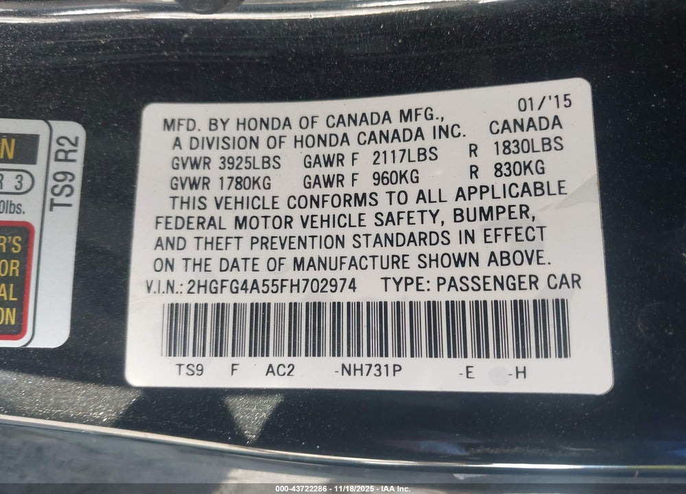 2015 HONDA CIVIC SI VIN: 2HGFG4A55FH702974