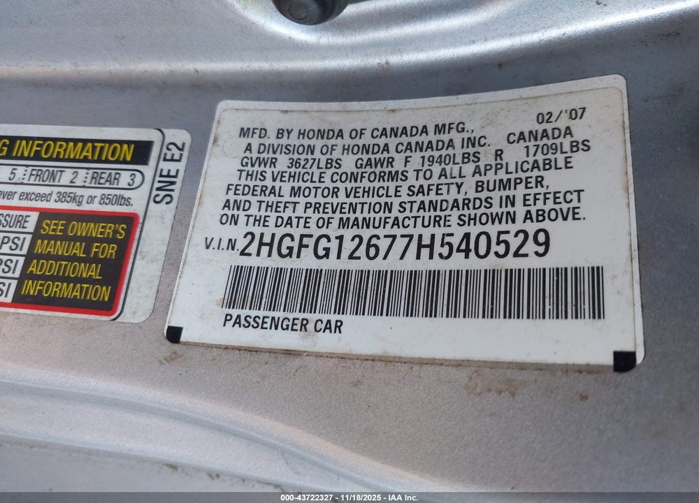 2007 HONDA CIVIC LX VIN: 2HGFG12677H540529