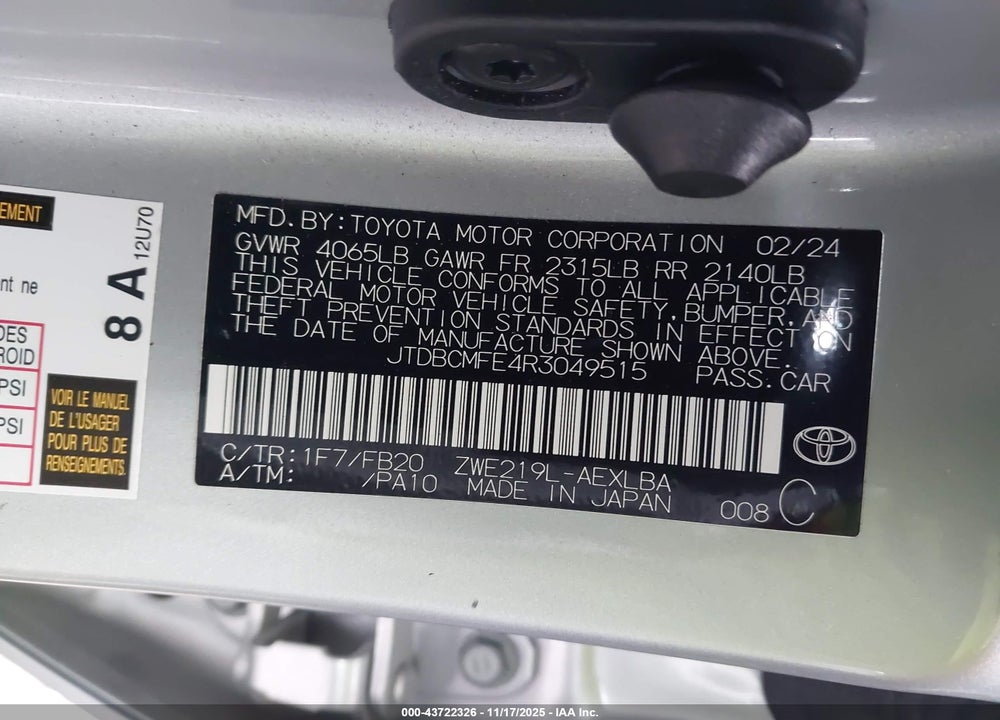 2024 TOYOTA COROLLA HYBRID LE VIN: JTDBCMFE4R3049515