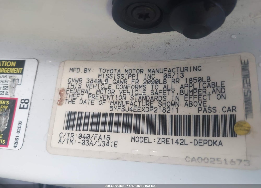 2013 TOYOTA COROLLA L VIN: 5YFBU4EEXDP218211