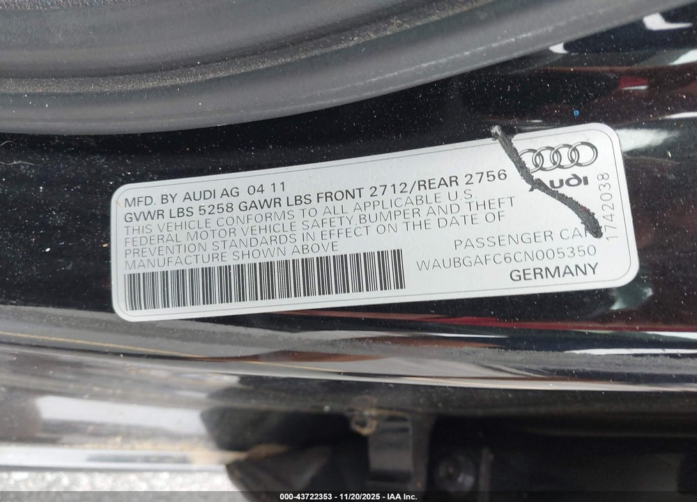 2012 AUDI A6 3.0 PREMIUM VIN: WAUBGAFC6CN005350