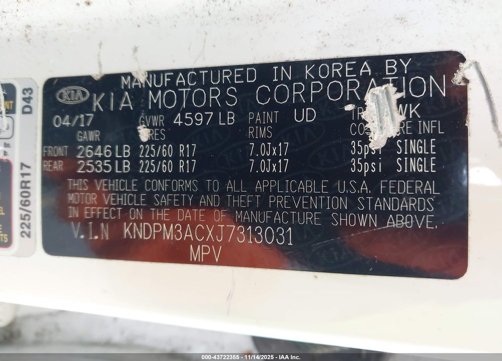 2018 KIA SPORTAGE VIN: KNDPM3ACXJ7313031