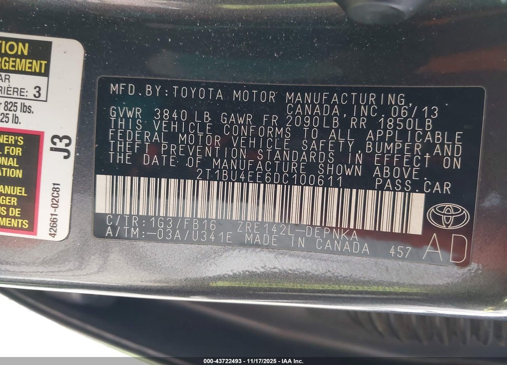 2013 TOYOTA COROLLA LE VIN: 2T1BU4EE6DC100611