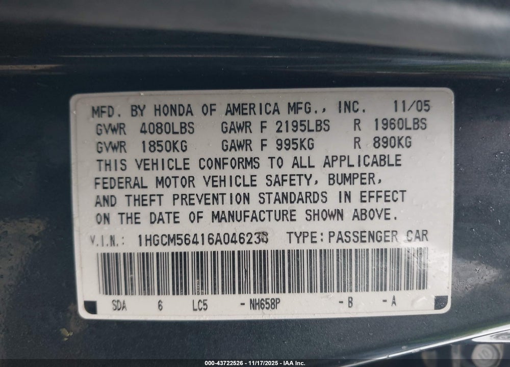 2006 HONDA ACCORD 2.4 LX VIN: 1HGCM56416A046238
