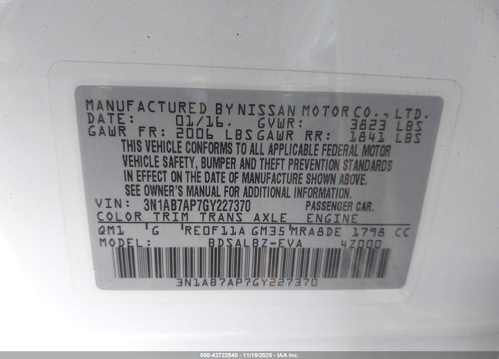 2016 NISSAN SENTRA S VIN: 3N1AB7AP7GY227370