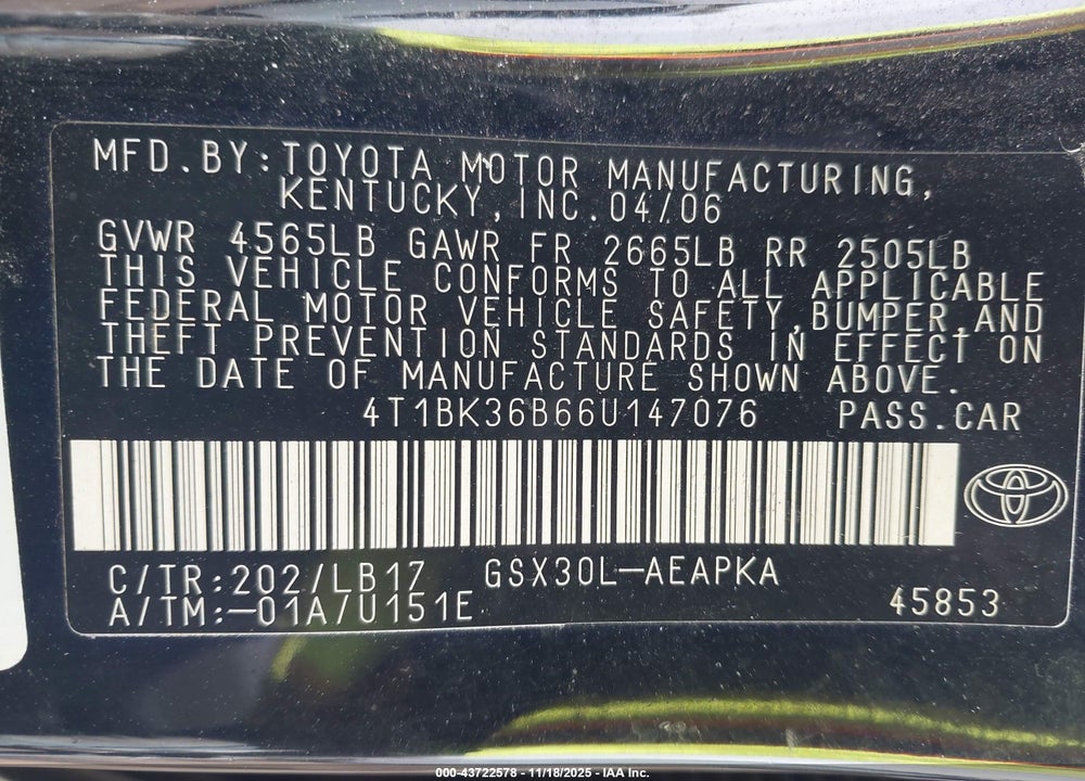 2006 TOYOTA AVALON LIMITED VIN: 4T1BK36B66U147076
