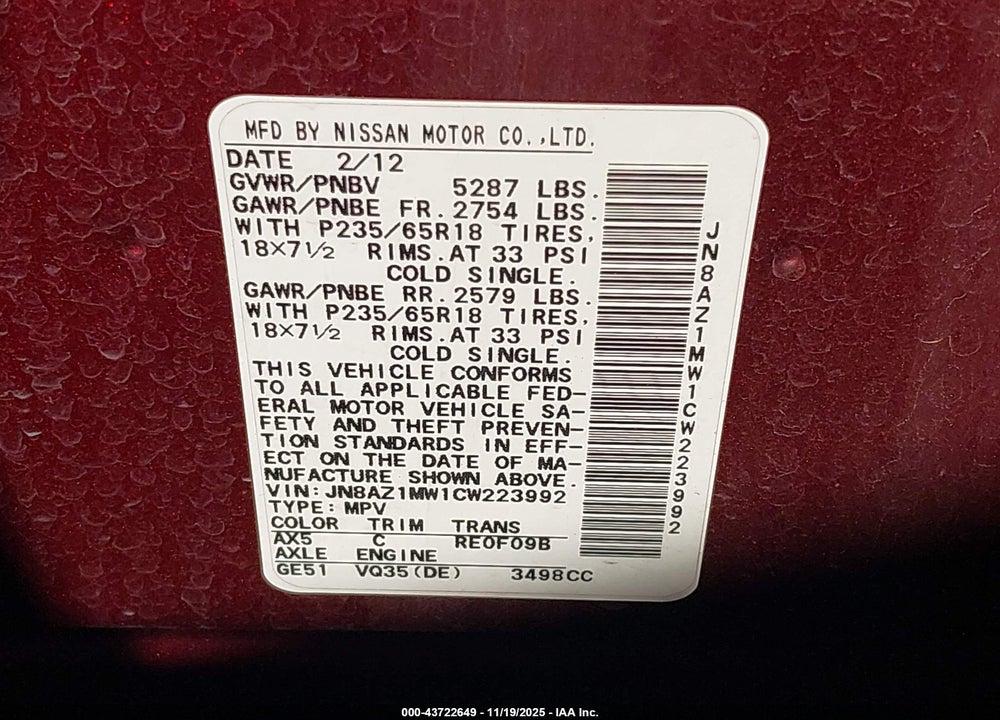 2012 NISSAN MURANO SV VIN: JN8AZ1MW1CW223992