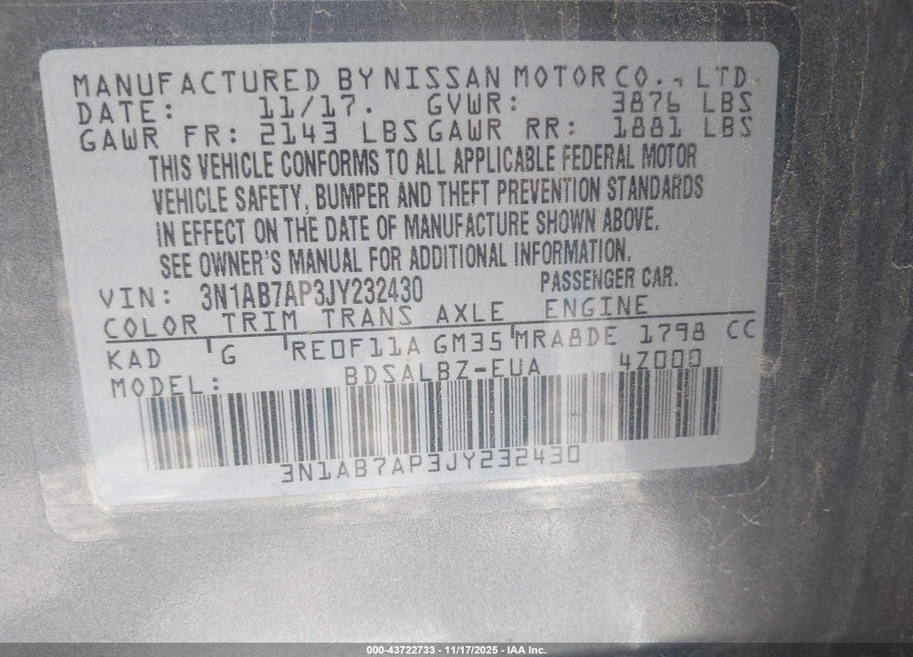 2018 NISSAN SENTRA S VIN: 3N1AB7AP3JY232430