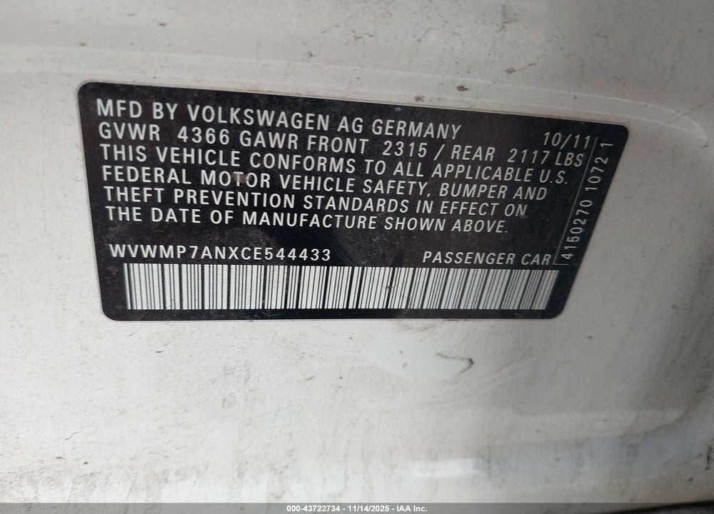 2012 VOLKSWAGEN CC SPORT VIN: WVWMP7ANXCE544433
