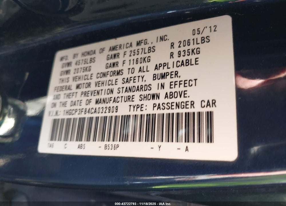 2012 HONDA ACCORD 3.5 EX-L VIN: 1HGCP3F84CA032909