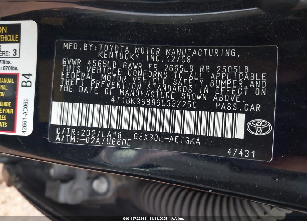 2009 TOYOTA AVALON XLS VIN: 4T1BK36B99U337250