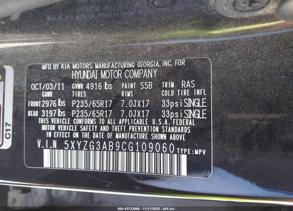 2012 HYUNDAI SANTA FE GLS VIN: 5XYZG3AB9CG109060