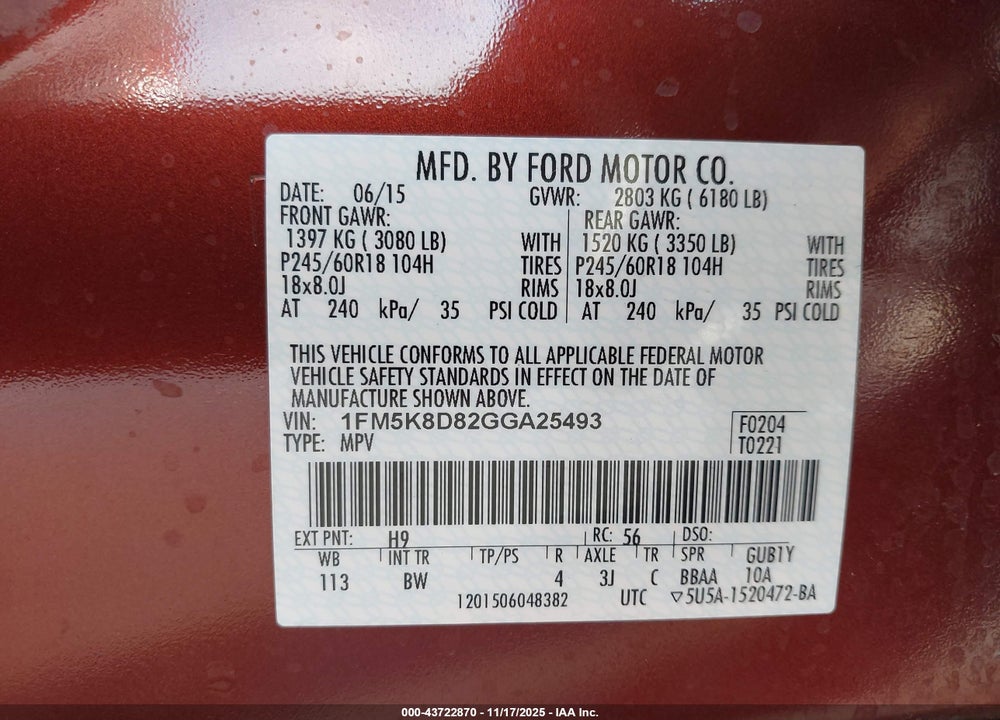 2016 FORD EXPLORER XLT VIN: 1FM5K8D82GGA25493