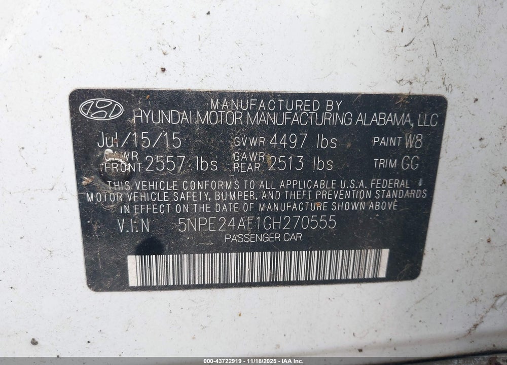 2016 HYUNDAI SONATA SE VIN: 5NPE24AF1GH270555