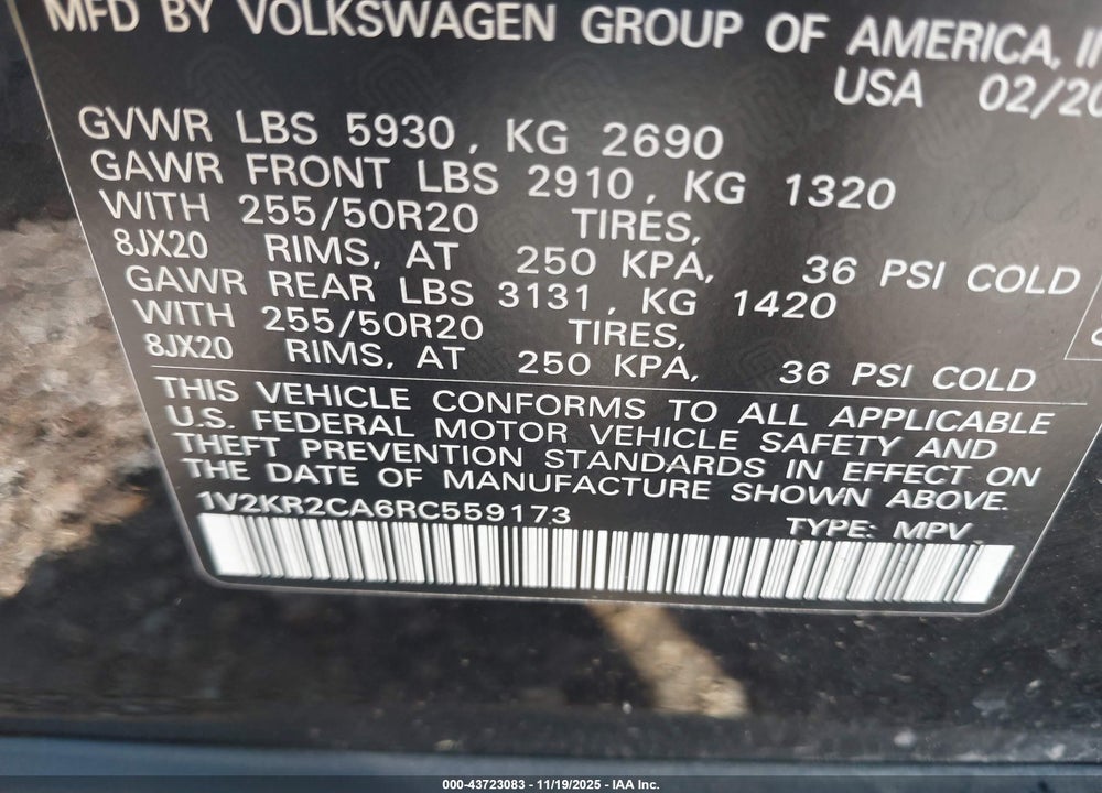 2024 VOLKSWAGEN ATLAS VIN: 1V2KR2CA6RC559173