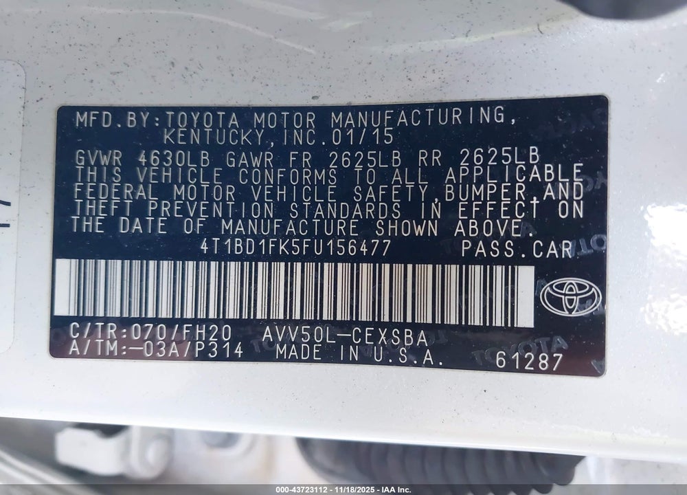 2015 TOYOTA CAMRY HYBRID SE VIN: 4T1BD1FK5FU156477
