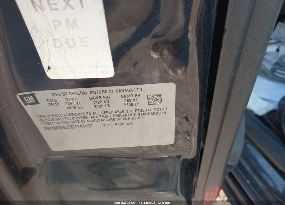 2012 CHEVROLET IMPALA LT VIN: 2G1WG5E37C1144197
