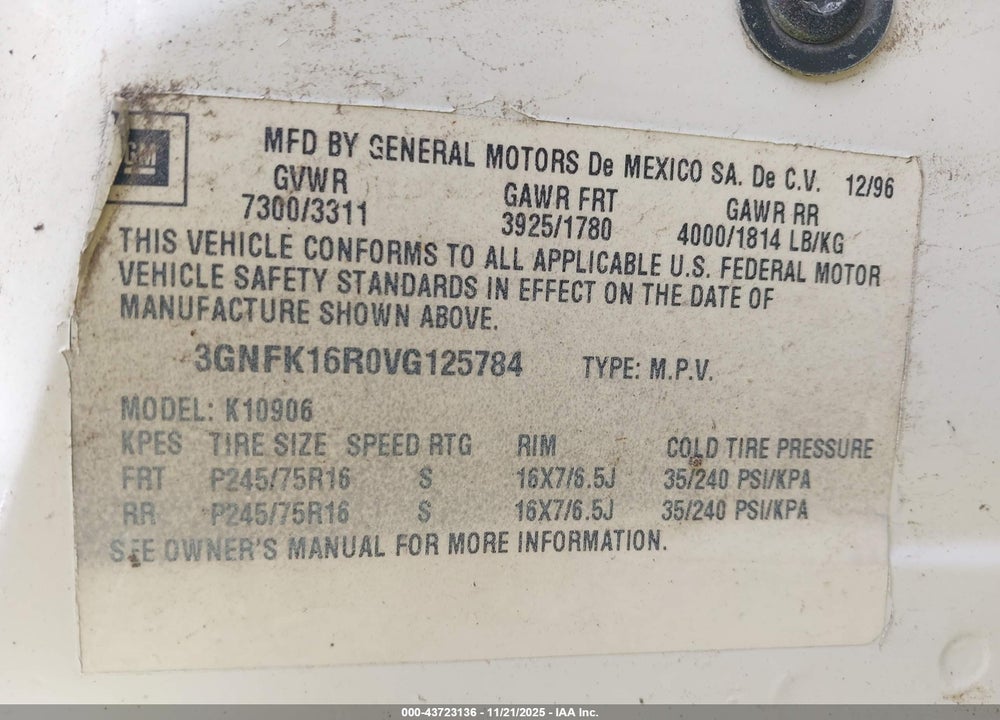 1997 CHEVROLET SUBURBAN 1500 VIN: 3GNFK16R0VG125784