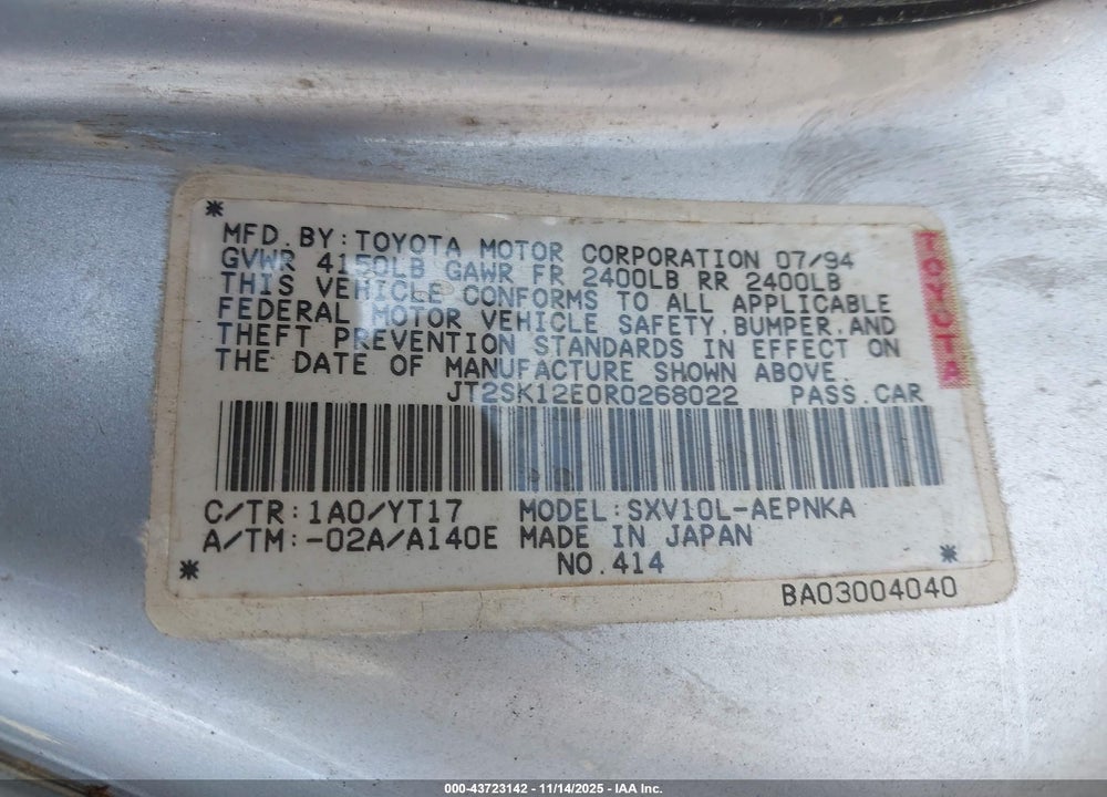 1994 TOYOTA CAMRY LE VIN: JT2SK12E0R0268022
