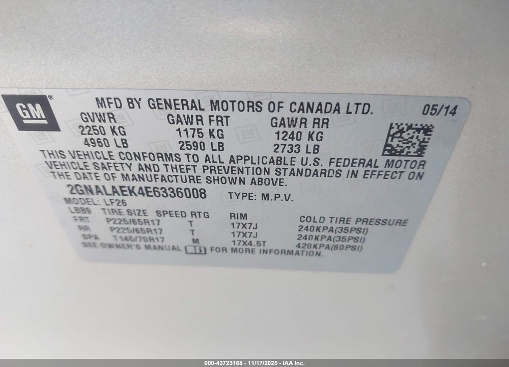 2014 CHEVROLET EQUINOX VIN: 2GNALAEK4E6336008