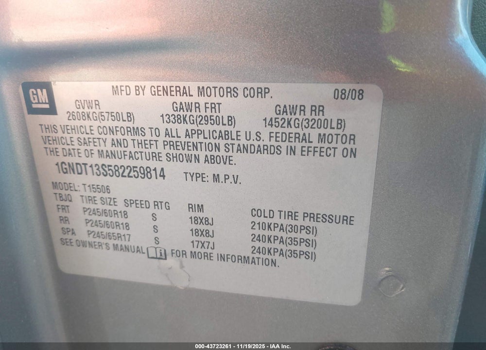 2008 CHEVROLET TRAILBLAZER LT VIN: 1GNDT13S582259814