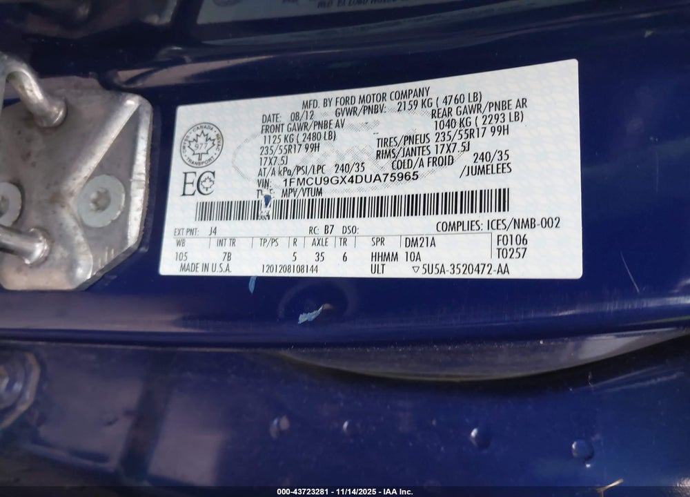 2013 FORD ESCAPE SE VIN: 1FMCU9GX4DUA75965