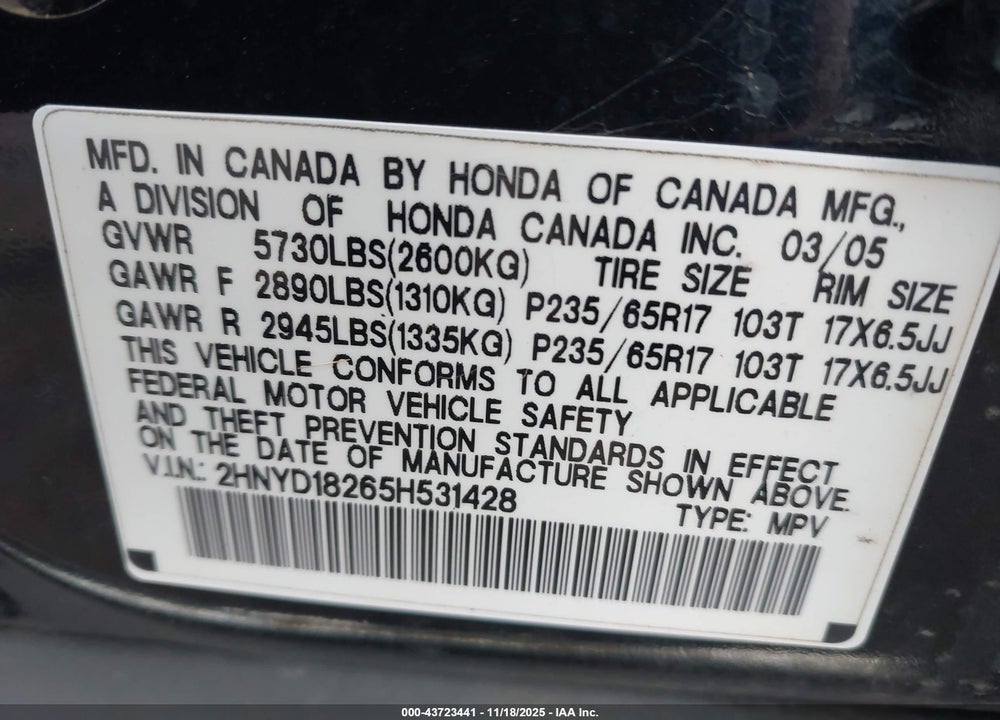 2005 ACURA MDX VIN: 2HNYD18265H531428