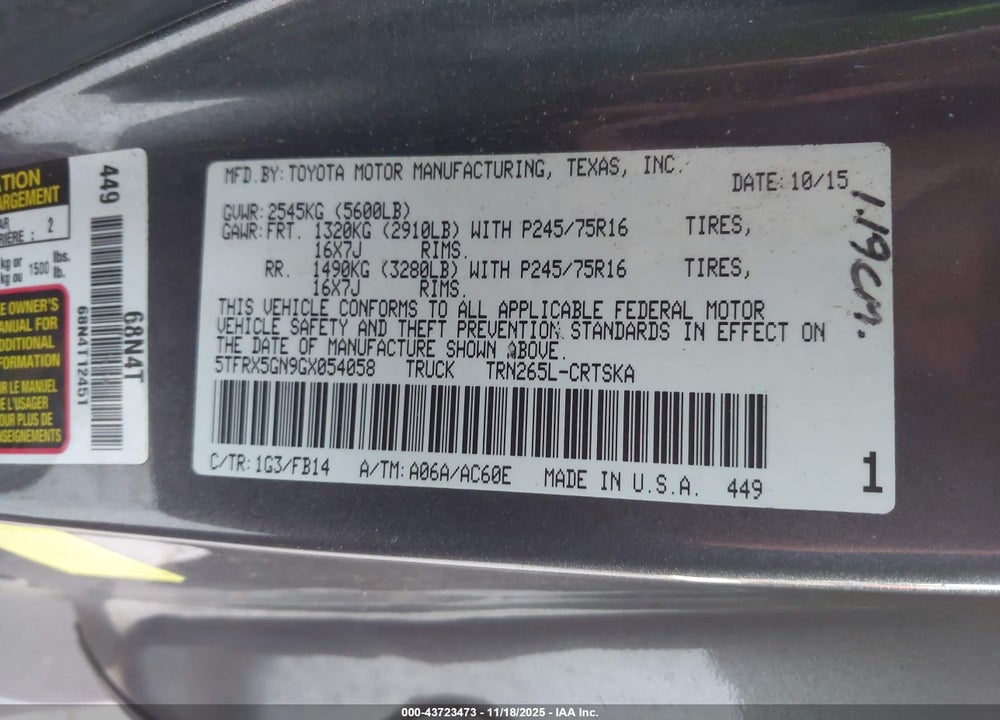 2016 TOYOTA TACOMA SR VIN: 5TFRX5GN9GX054058