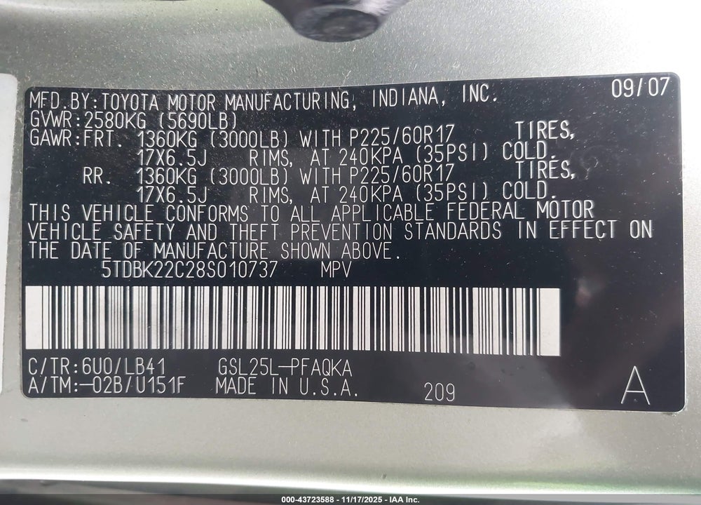2008 TOYOTA SIENNA LIMITED VIN: 5TDBK22C28S010737