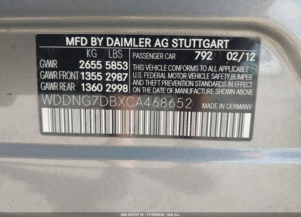 2012 MERCEDES-BENZ S CLASS VIN: WDDNG7DBXCA468652
