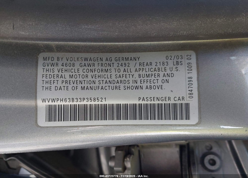 2003 VOLKSWAGEN PASSAT GLS V6 VIN: WVWPH63B33P358521