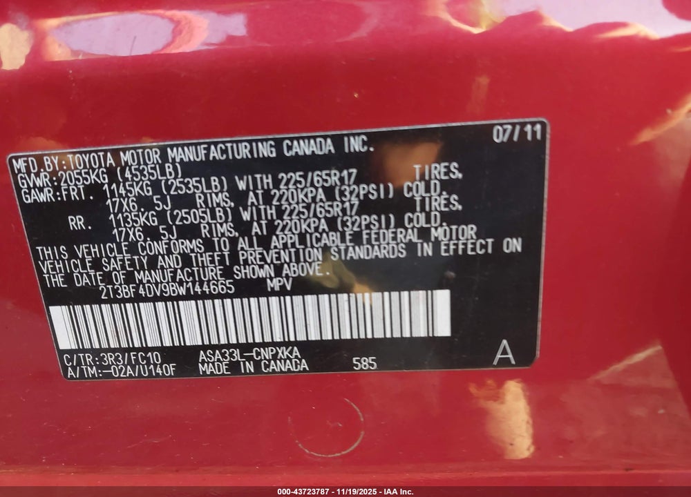 2011 TOYOTA RAV4 VIN: 2T3BF4DV9BW144665