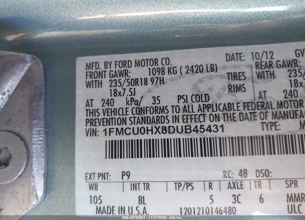 2013 FORD ESCAPE SEL VIN: 1FMCU0HX8DUB45431