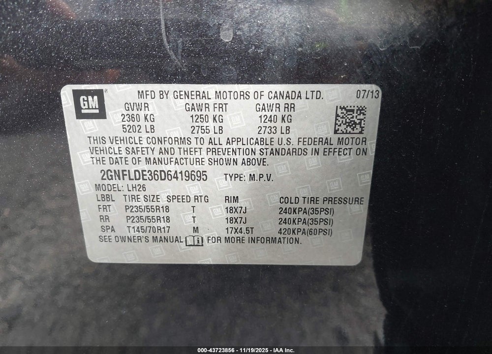 2013 CHEVROLET EQUINOX 1LT VIN: 2GNFLDE36D6419695