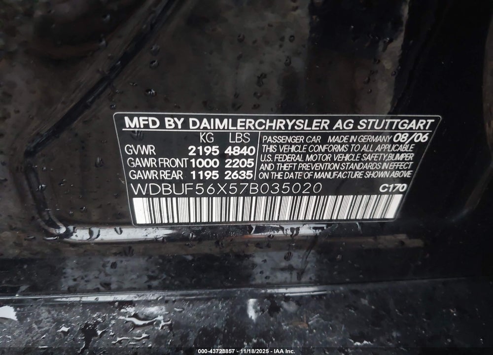 2007 MERCEDES-BENZ E 350 VIN: WDBUF56X57B035020