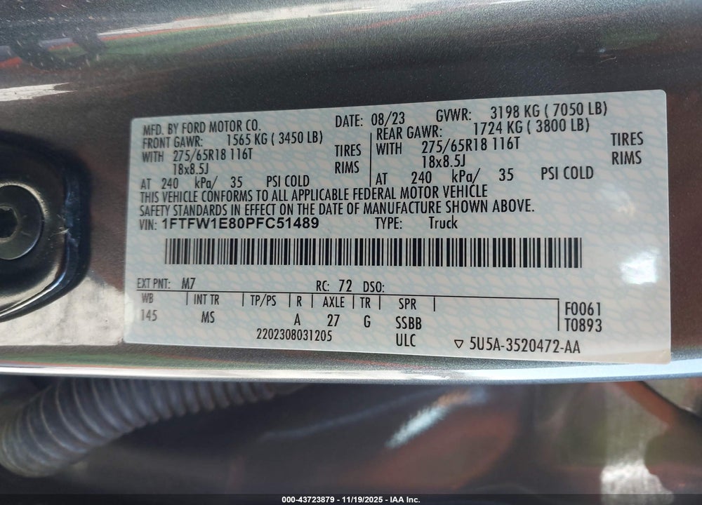 2023 FORD F-150 VIN: 1FTFW1E80PFC51489