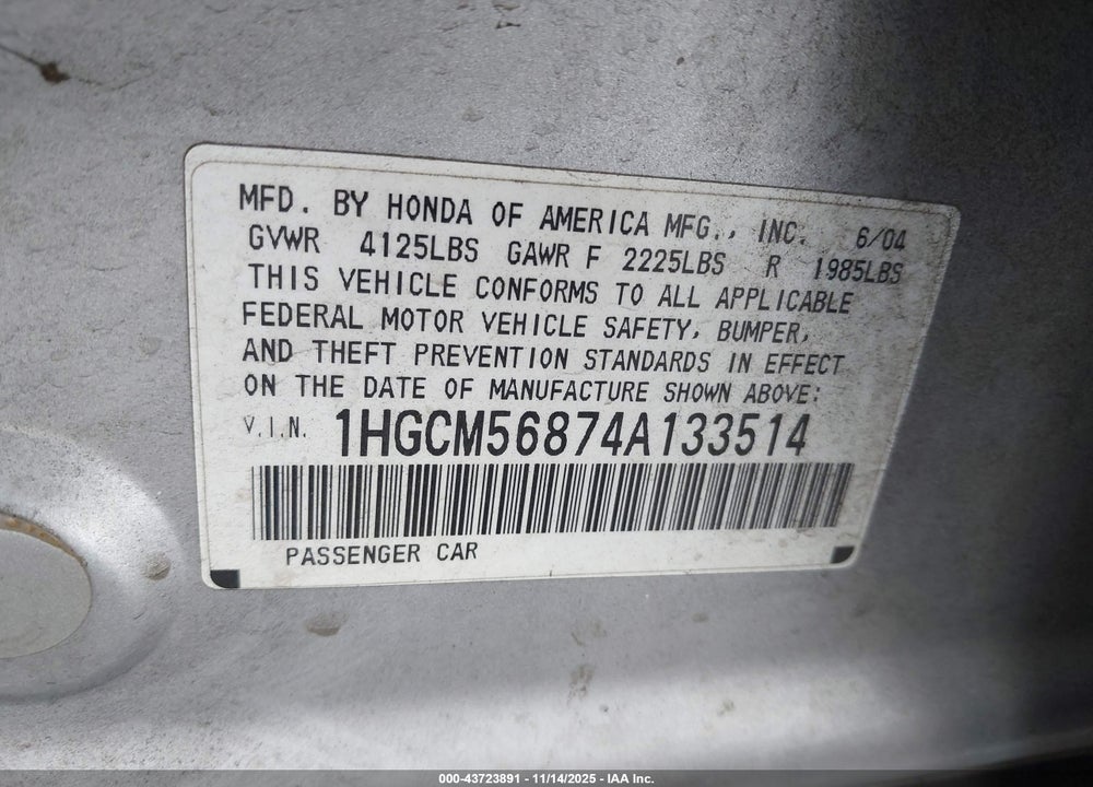 2004 HONDA ACCORD 2.4 EX VIN: 1HGCM56874A133514