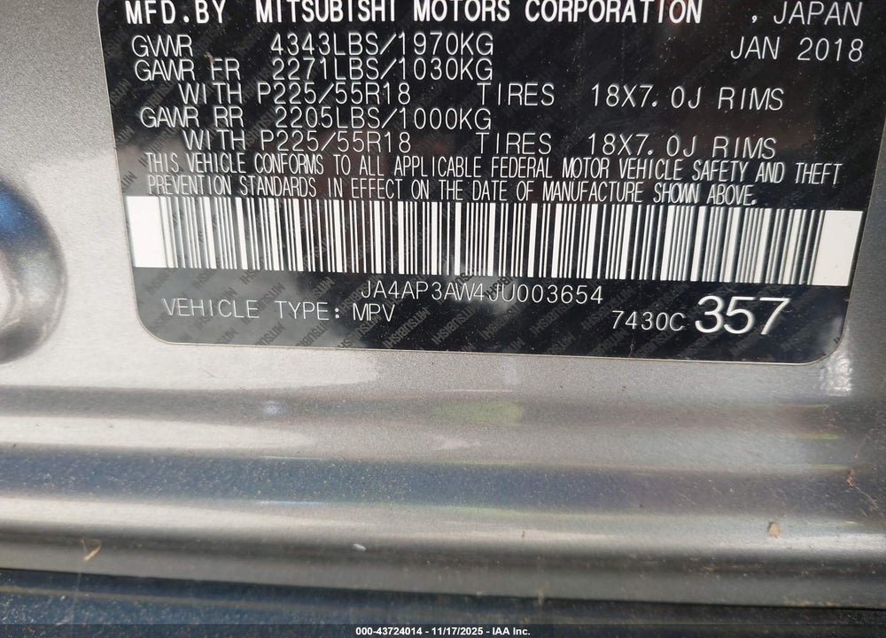 2018 MITSUBISHI OUTLANDER SPORT VIN: JA4AP3AW4JU003654