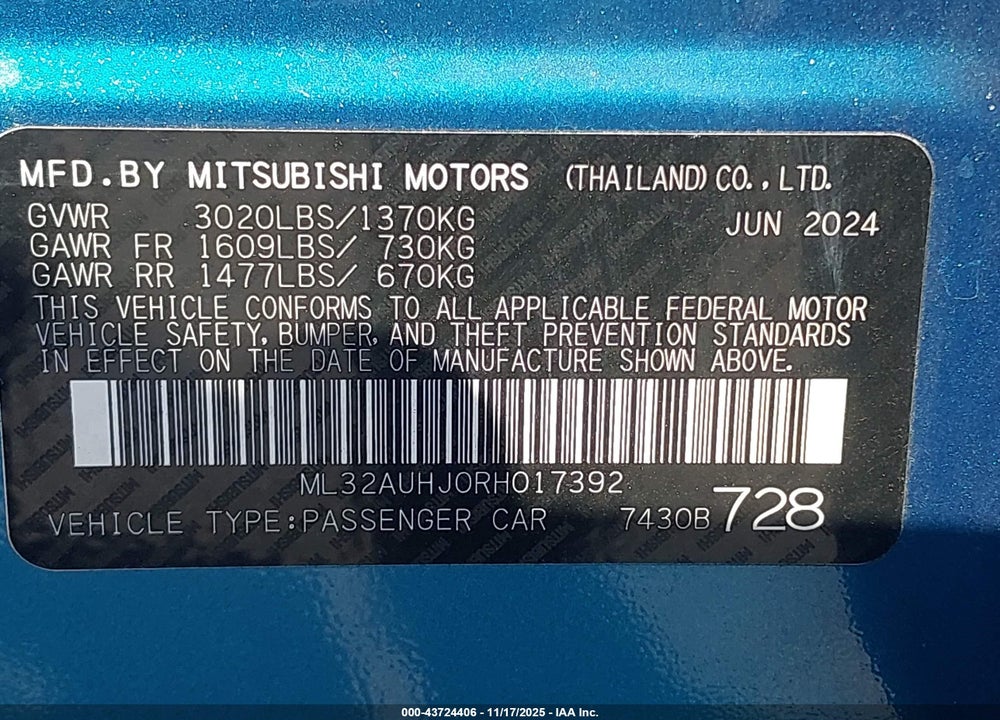 2024 MITSUBISHI MIRAGE ES/LE VIN: ML32AUHJ0RH017392