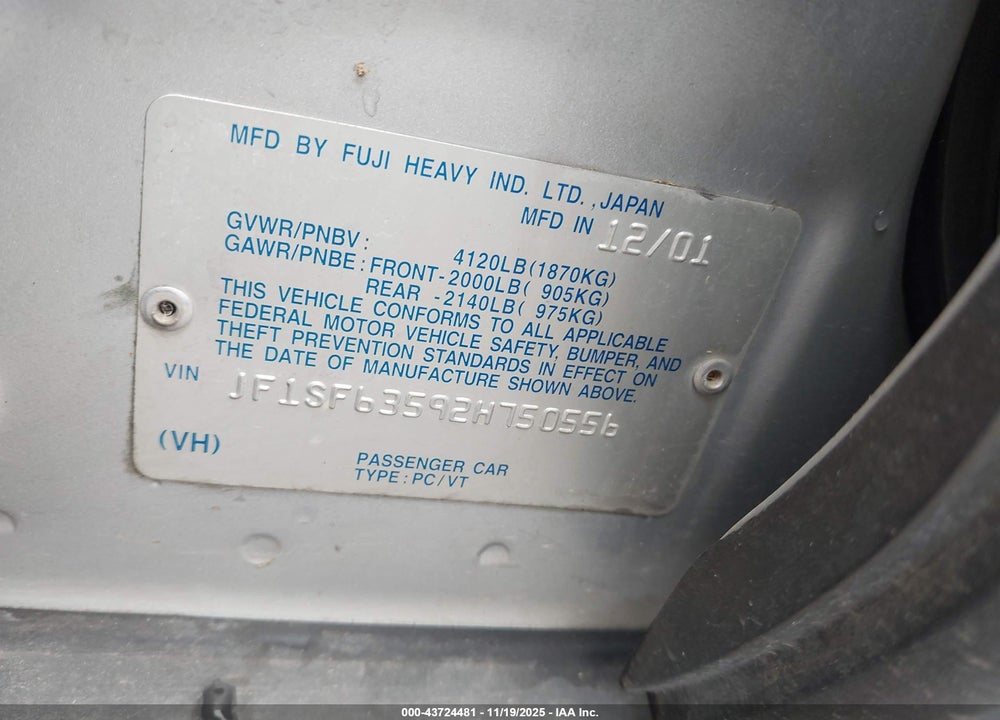 2002 SUBARU FORESTER L VIN: JF1SF63592H750556