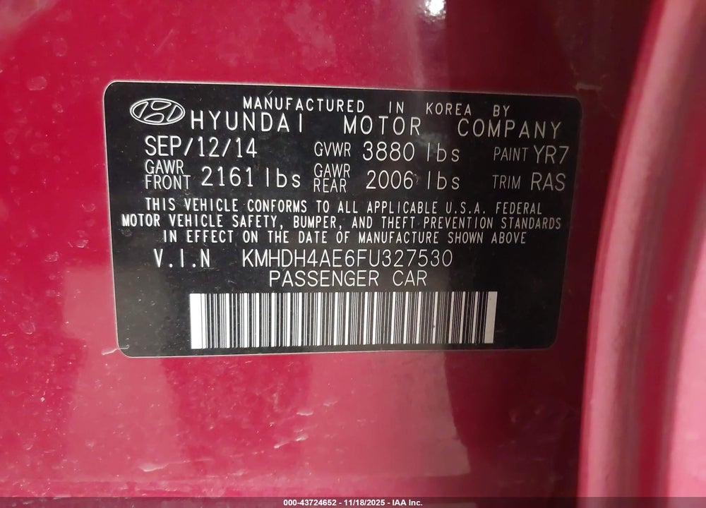 2015 HYUNDAI ELANTRA LIMITED VIN: KMHDH4AE6FU327530